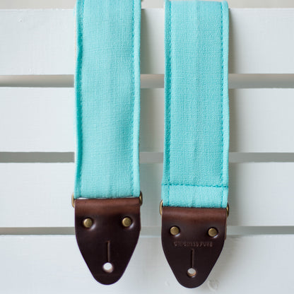 Vintage surf green polyester guitar strap made by Original Fuzz in Nashville, TN. 