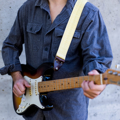Vintage yellow guitar strap made by Original Fuzz in Nashville, TN. 