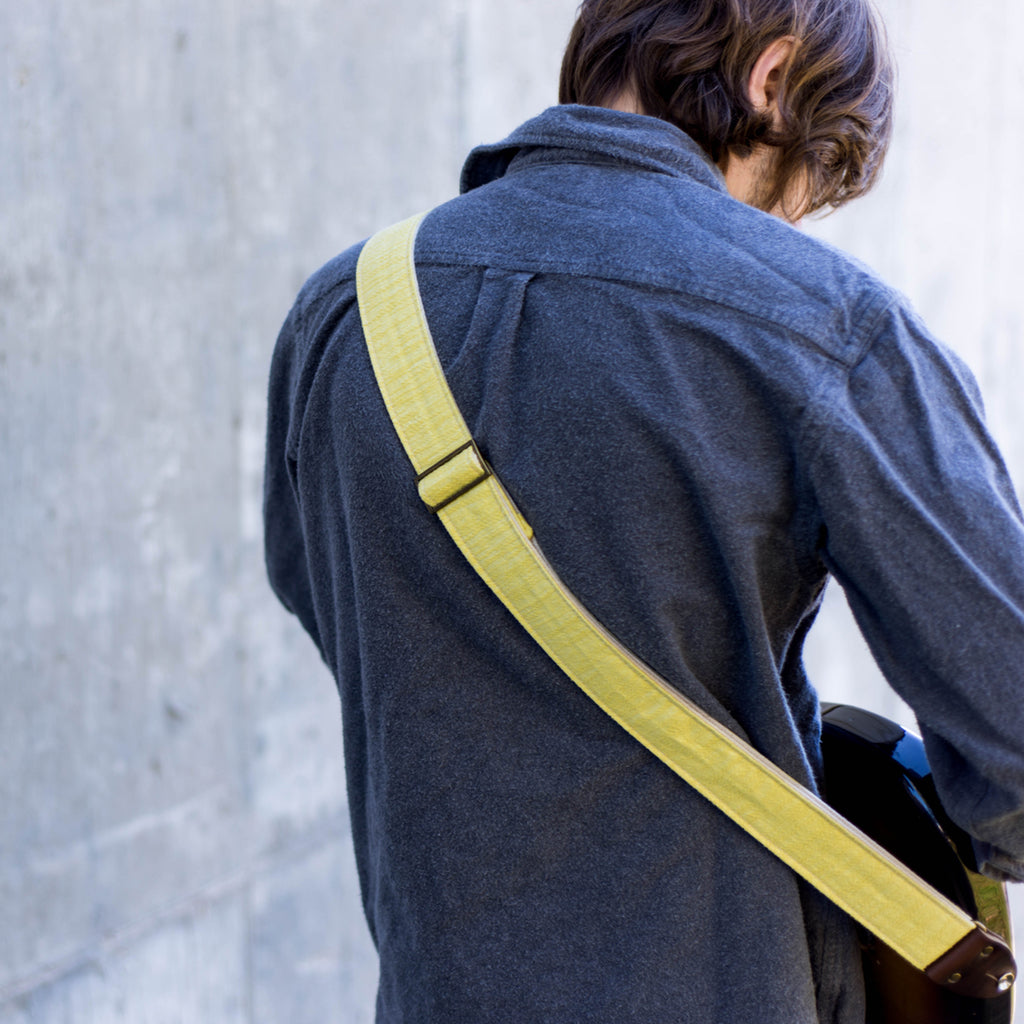 Vintage yellow guitar strap made by Original Fuzz in Nashville, TN. 
