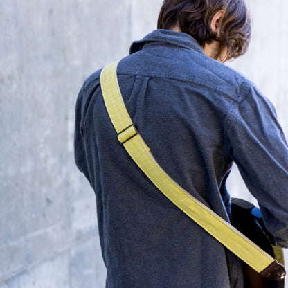 Vintage yellow guitar strap made by Original Fuzz in Nashville, TN. 